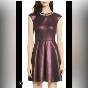 TED BAKER 0 US 2 Ayma Embellished Oxblood Metallic Fit & Flare Skater Dress Prom